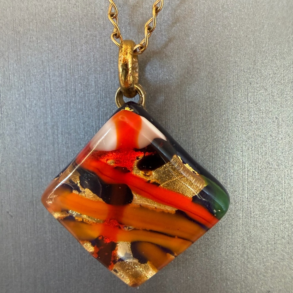 Multicolor Italian Art Glass Pendant with Gold Accents and Chain